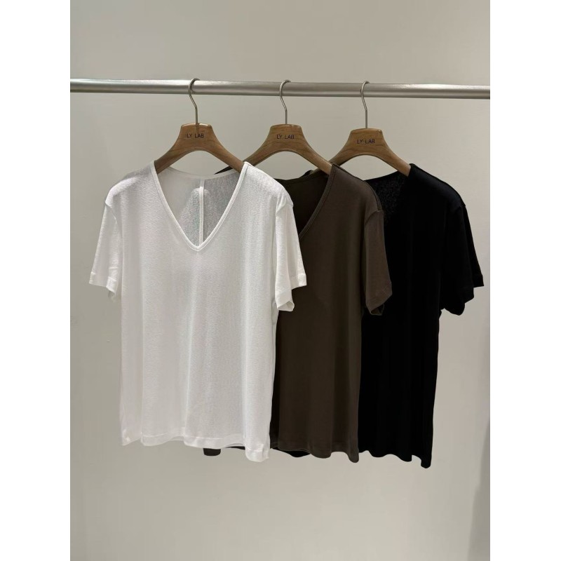 Summer Lightweight 70% Cotton 26% Polyester 4% Linen White Coffee Black Tricolor Summer V-neck Short Sleeved T-shirt