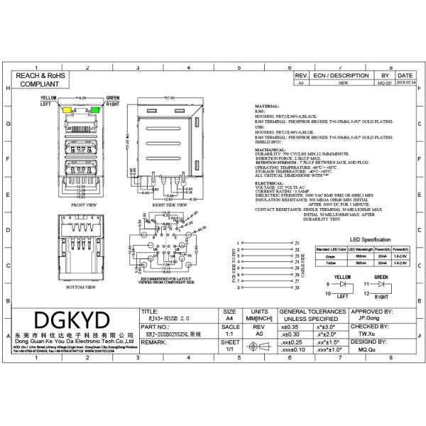 Стог соединителя Cat3 RJ45 над двойным типом USB 2,0 a с Y/G привел