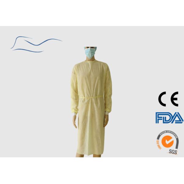Yellow Disposable Isolation Gowns Knitted Cuffs Style For Hospital 115 * 137CM