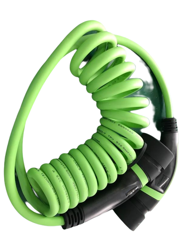 Green 16A Type 2 To Type 2 EV Cable 10m 480V 3 Phase 11kw Coiled