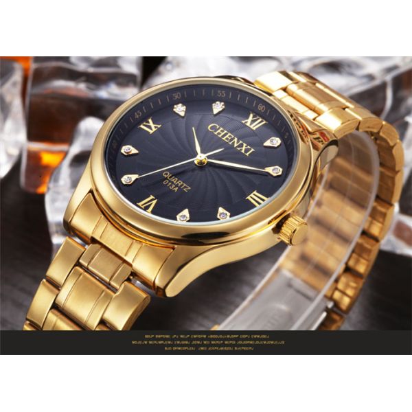 013 High Quality Stainless Steel Band Watch Imitation Diamond Black White Full Gold Watch