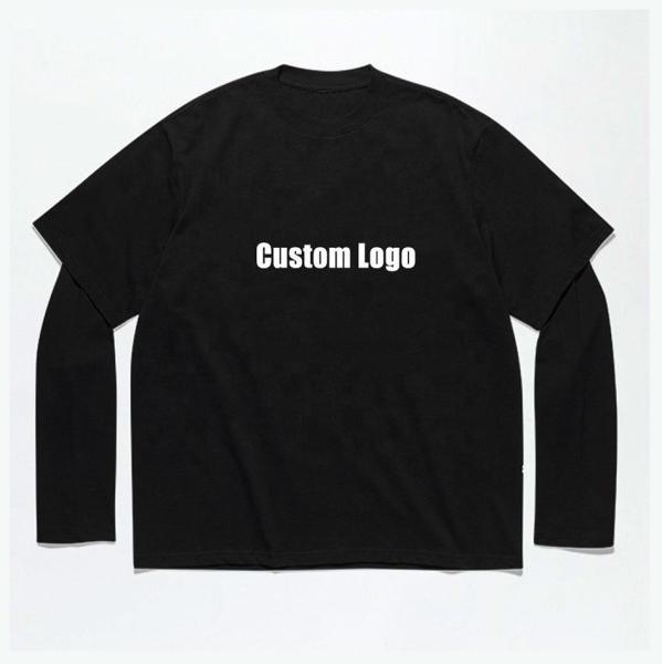 Impressão Gráfica Acid Stone Wash Vintage Double Layer Long Sleeve T-Shirt para Homens