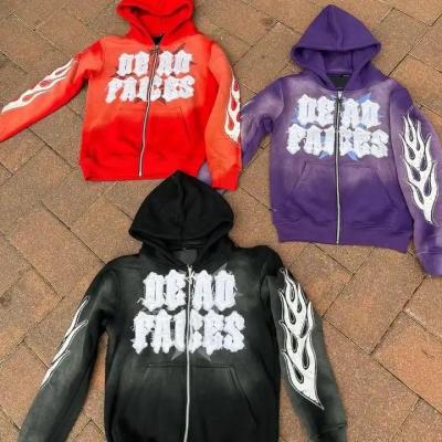 Stonewashed Men's Vintage Cut And Sew Distressed Embroidery Patch Sun Faded Purple Zip Up Acid Wash Hoodie