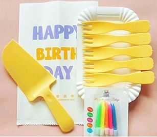 Plastic or Paper Bag Inner Package Birthday Cake Cutlery Set with Knife Fork and Plate