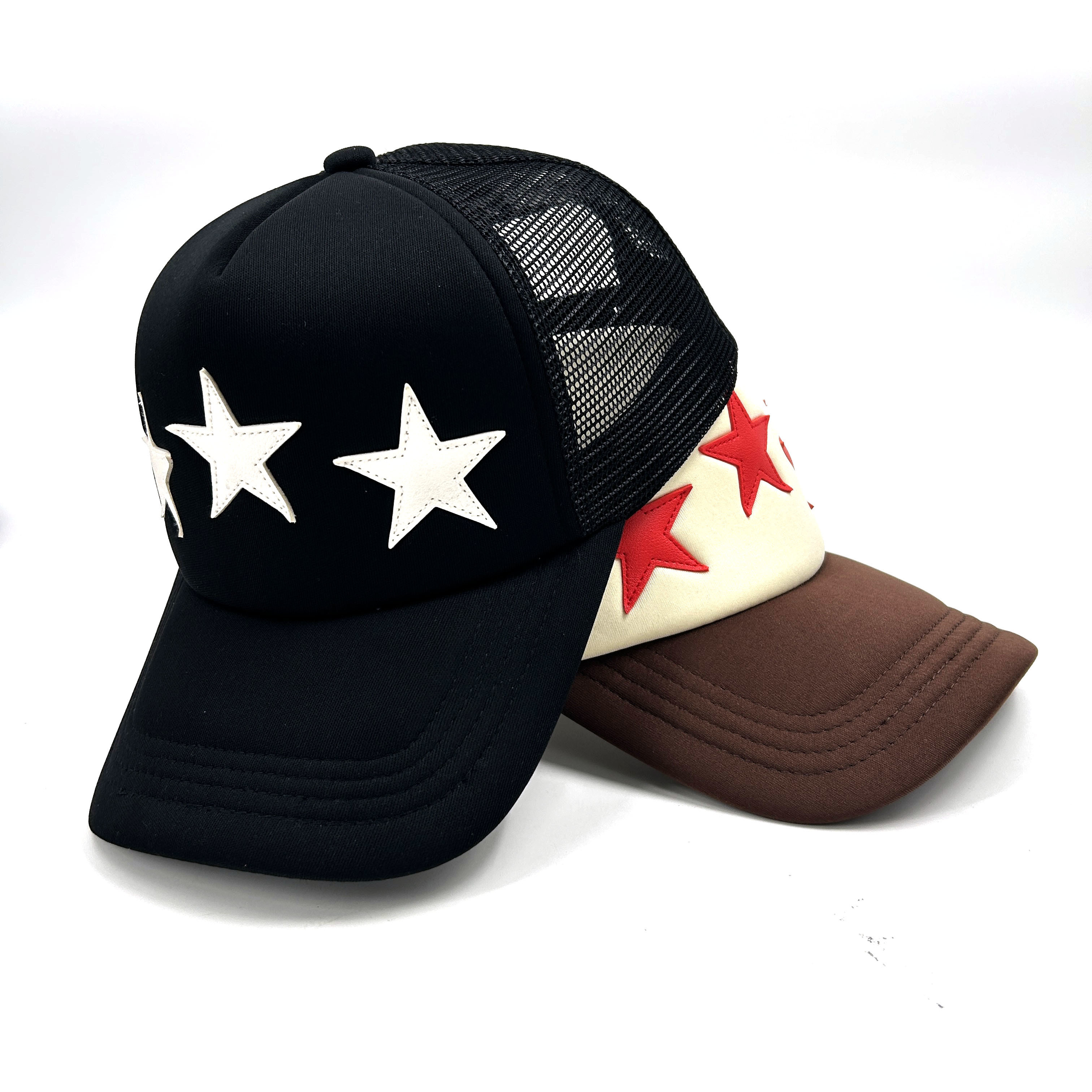 PU Leather Stars Mesh Trucker Caps Patches Foam Polyester Embroidered High Crown 5 Panels