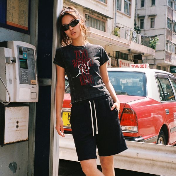 Custom Vintage Acid Wash Regular Women T-shirt Gothic Red Rhinestone Letter Print Side Seam Short Sleeve Summer Y2K Streetwear