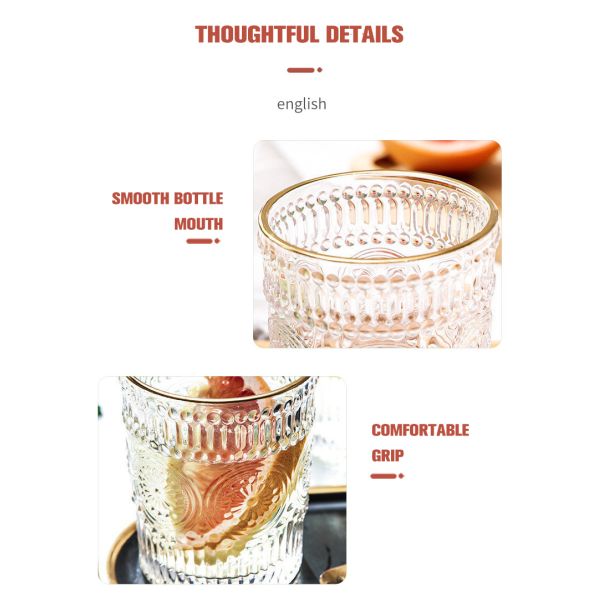 Custom Pattern 300ml 380ml Retro Embossed Glass Mug with Gold Border and Sunflower Design