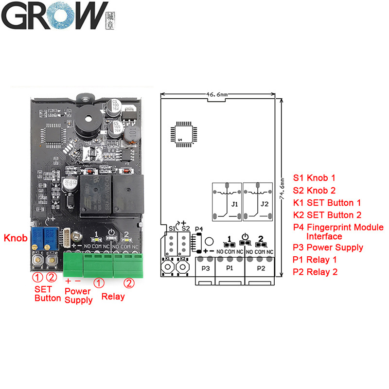 Плата управления доступом по отпечатку пальца GROW K220+R502-AW с двумя реле, выход DC10-24V, с функциями администратора/пользователя, самоблокировка 0.5с-60с