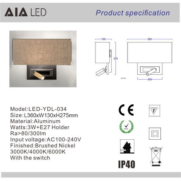 Fabric indoor flexible bed wall light & inside bedside wall light headboard wall light