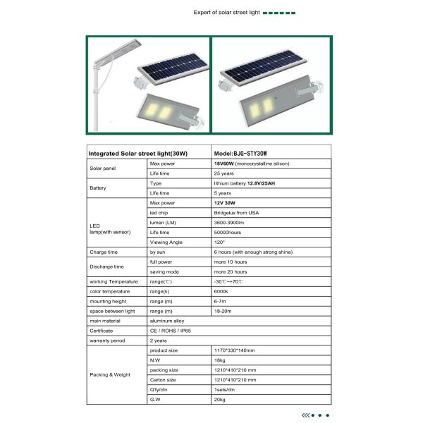 30 watt led Street lamps |specification of all in one solar energy street lighting