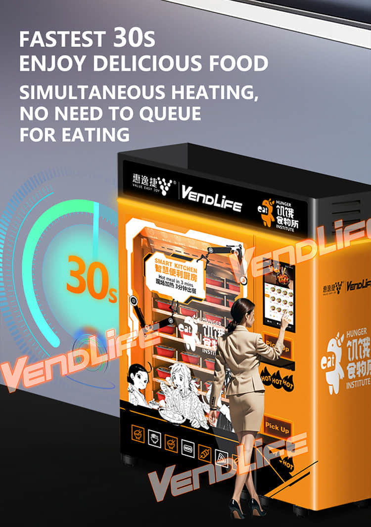 VendLife Dual Microwave Bento Vending Machine: 24/7 hot meal vending kiosk. 2x4000W, 45s, 110-168 boxes, QR & face-pay. Offices, factories. Operators, wholesalers, vending entrepreneurs.