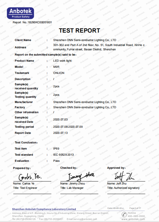 Shenzhen ONN Semi-Conductor Lighting Co., Ltd. Certifications