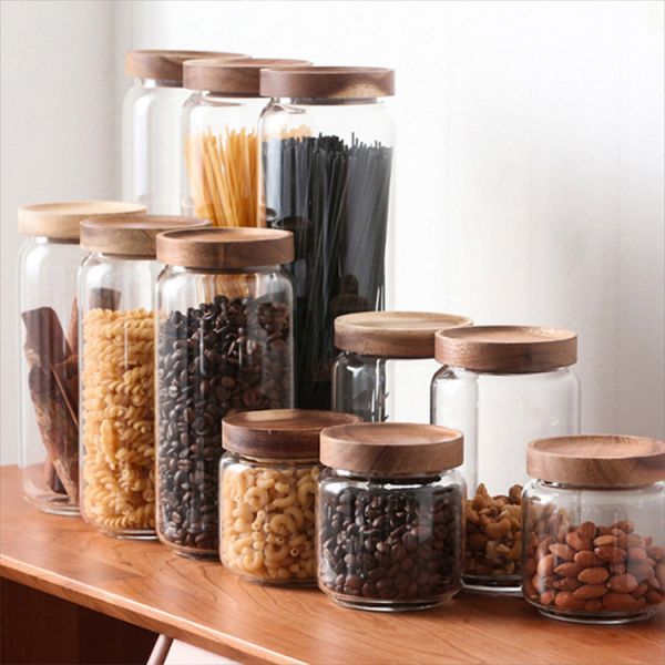 Custom Capacity Stocked Sealed Clear Round Borosilicate Glass Packaging Containers Jar with Wood Lid