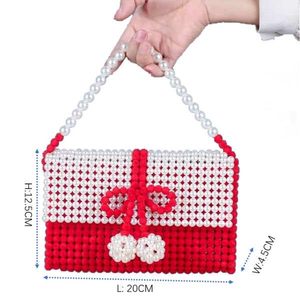 Red Beaded Clutch Pearl Bag Flower Wrist  Hand Woven With White Cap OEM ODM
