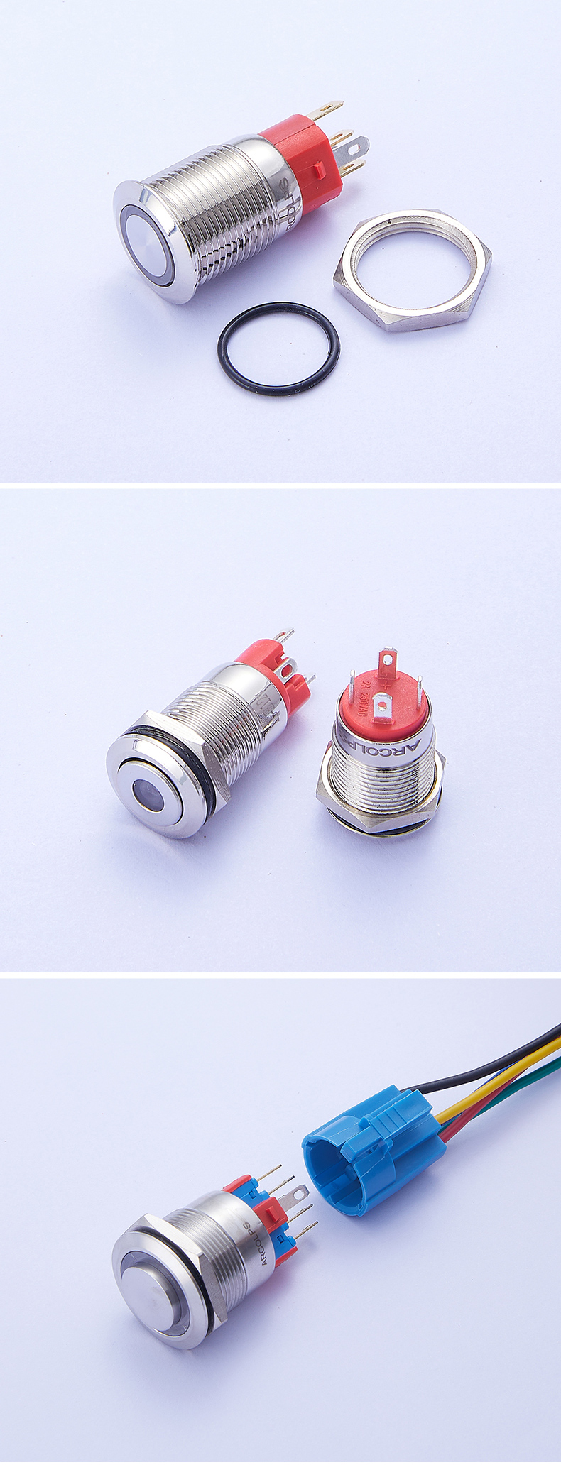 10A 250V IP67 16mm Metal Push Button Switch 2NO2NC 50000 Cycles