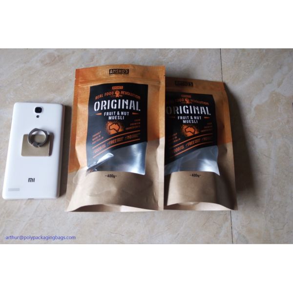 Luxury Stand Up Food Packaging Poly Bags With Front Transparent Window