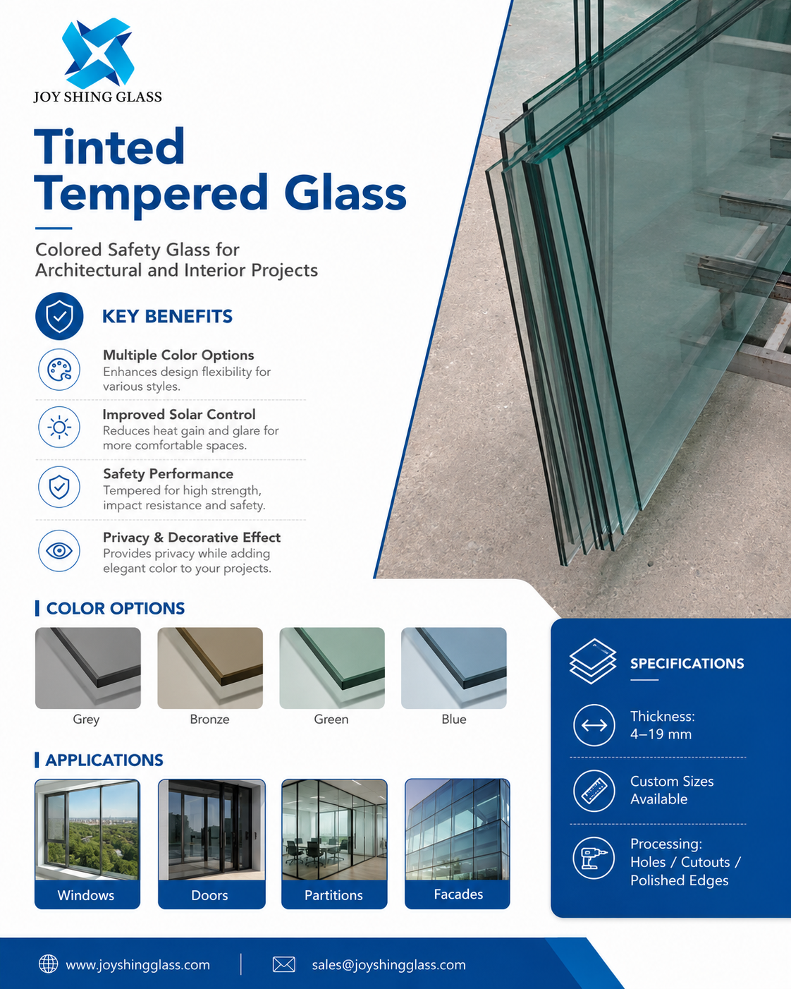 Custom Tinted Tempered Glass for Windows, Doors, Facades and Interior Projects