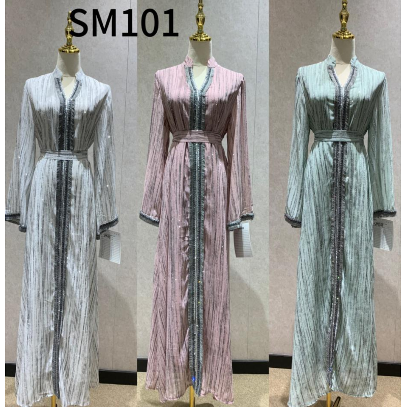 Middle Eastern Modest Wear MT392(SM101)  Shimmer Stripe Waist-Tie Maxi Abaya