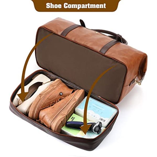 Bolsa de fin de semana de cuero de PU, bolsas de viaje con zapatos y compartimento de portátil