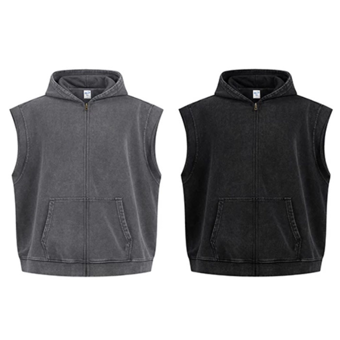 400GSM Hooded Zip Up Vest Vintage Ruin Wash Streetwear Gilet Oversized