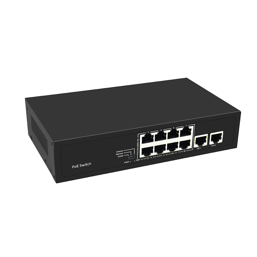 8 портов CCTV POE переключатель Fast Ethernet с 2 гигабитными медными подключениями PoE Af / At 120W Бюджет