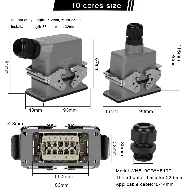Мужские женские электрические соединители WHE10C AWG 18 водоустойчивые
