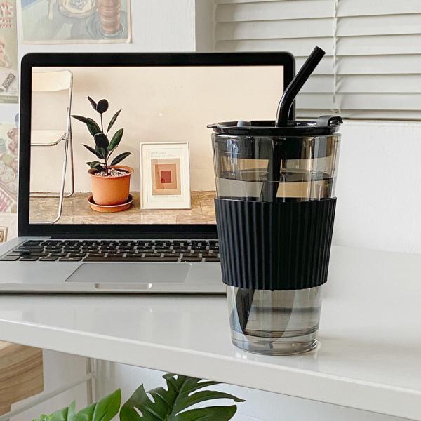 Office Glass Tumbler Cup Mug Single Wall Borosilicate Glassware With Flip Lid