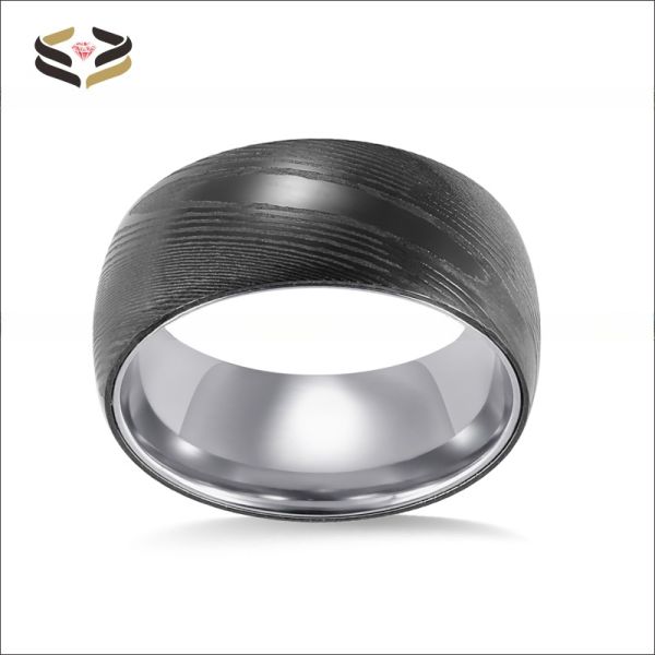 8mm Dome Black Mens Damascus Wedding Band Ring Inlaid Silver Tungsten Sleeve Comfort Fit Geometric Shape Pearl Type Other