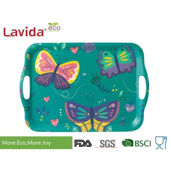 Unbreakable Anti-slip Environmental friendly Bamboo Fiber Tray for serving with carring side handles Melamine Food Tray