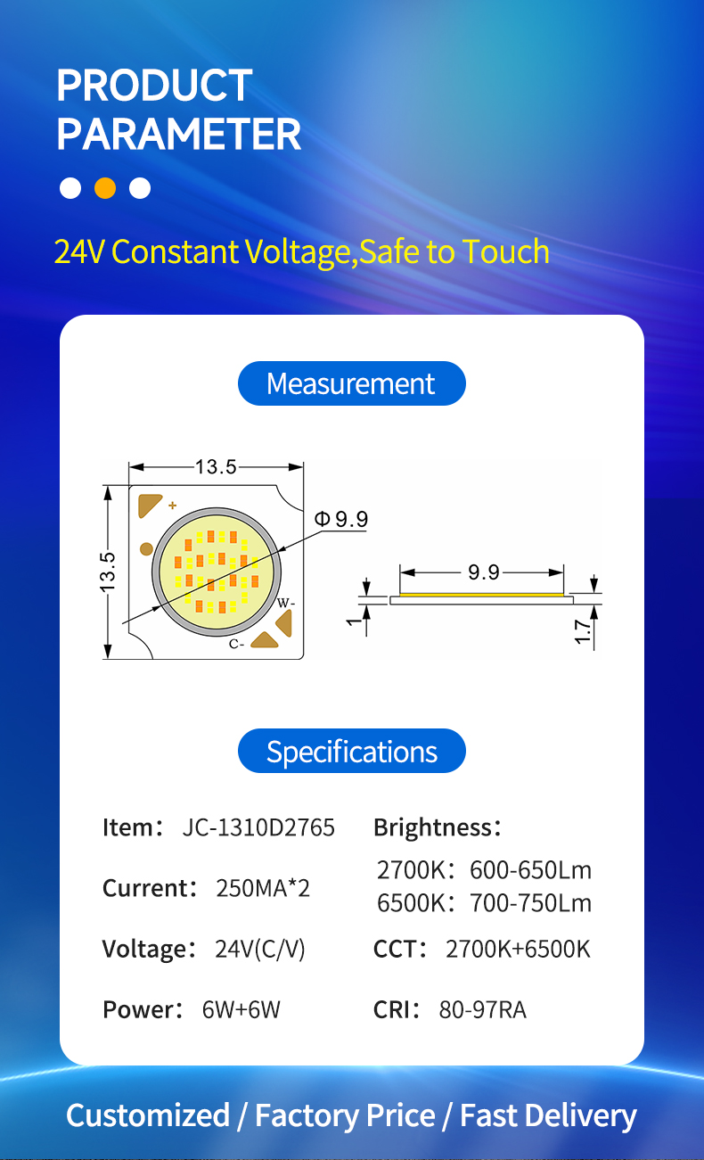Постоянное напряжение COB LED Chip DC24V 6W 6W 12W 12W Двухцветный для светодиодного освещения