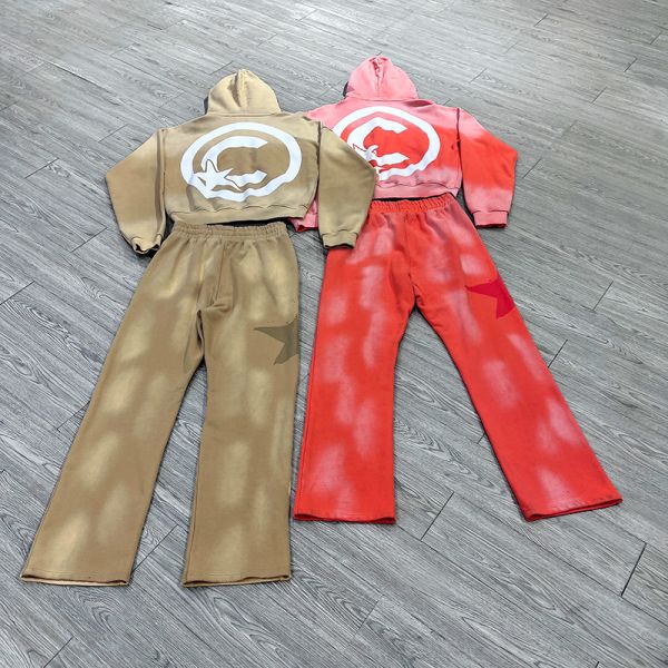 Ensemble de survêtement à capuche zippée délavée avec appliqués et broderies déchirées pour streetwear personnalisé, pantalon de jogging