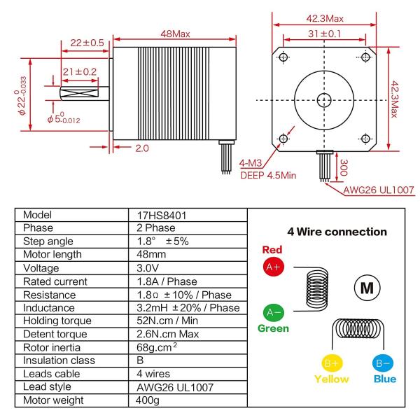 Nema17 CNC Stepper Motor 17HS8401 2 Phase Four Wire 48mm For 3D Printer