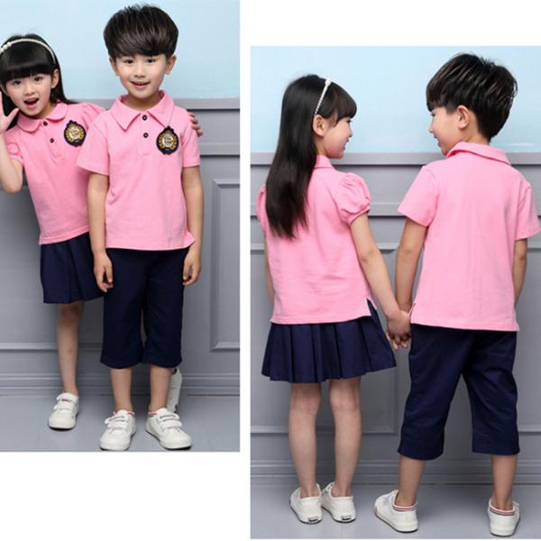 Summer Cotton Fabric Kindergarten Primary School Uniform / Kid Pink Polo Shirts