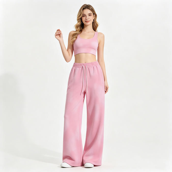 Loose Straight Leg Fleece Sweatpants Unisex Casual Wide Leg Trousers Faded