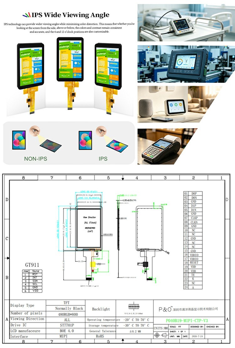 Polcd Custom 480x800 Resolution Colors Anti-blue light CTP 4 Inch Tft Display Full View IPS Screen