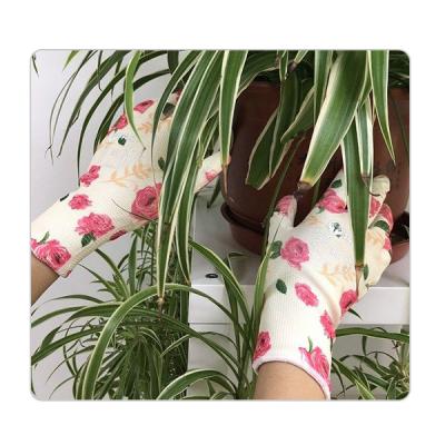 Plutônio do aperto do poliéster da cópia da flor o bom revestiu luvas do trabalho para jardinar e cultivar