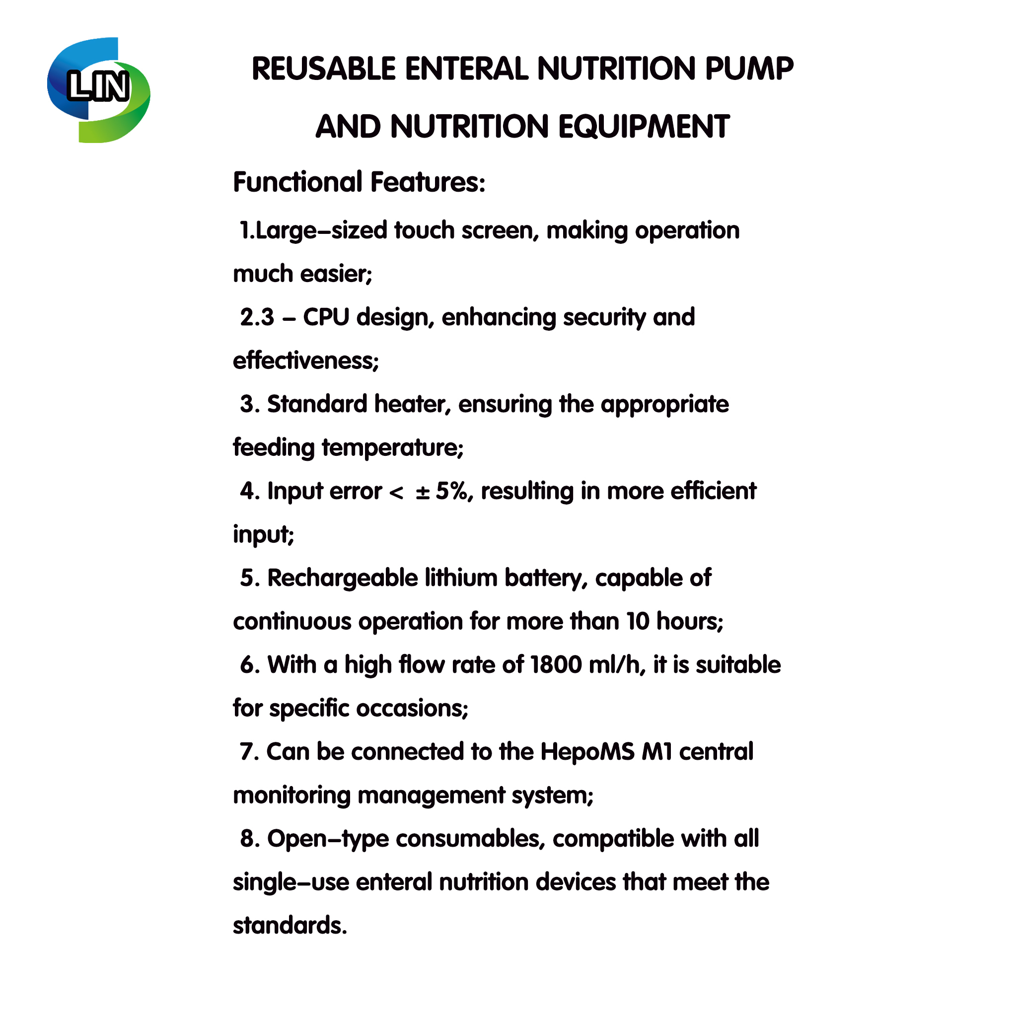 Medical Nutrition Feeding Pump with Curved Peristaltic Mechanism and 1-1800 ml/hour Feeding Rate at 32~50℃ / 90~122℉