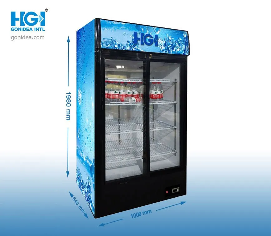 600L Double Glass Door Upright Refrigerated Showcase Beverage Cold Storage Showcase