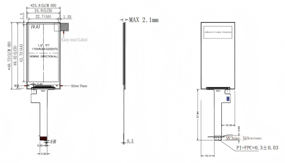 1.97 Inch IPS TFT LCD Module  170×320 10Pin FPC 2.8~3.3V Industrial Screen