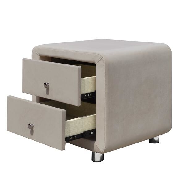 Плюш прикроватных столиков ящика ткани 2 бархата обил беж Nightstand с ручками Chrome