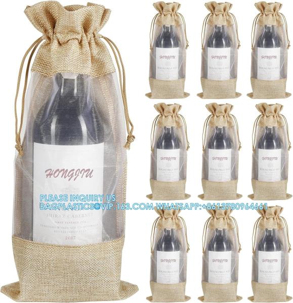 Jute Wine Bags, 10pcs Burlap Wine Bottle Gift Bags 750ml With Sheer Window Organza Hessian Drawstring Gift Bags