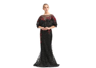 Embroidery Black Beading Half Sleeve Evening Dresses Long Maxi Floor Length