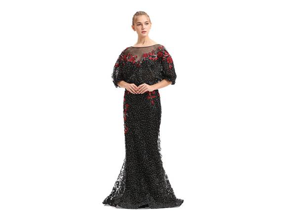 Embroidery Black Beading Half Sleeve Evening Dresses Long Maxi Floor Length