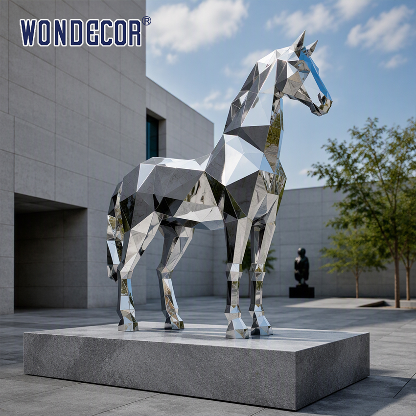 Large Mirror Stainless Steel Geometric Faceted Horse Sculpture for Corporate Plaza & Office Building Landscape