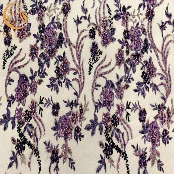 Tela roxa elegante do laço do bordado 3D para o vestido de partido da mulher