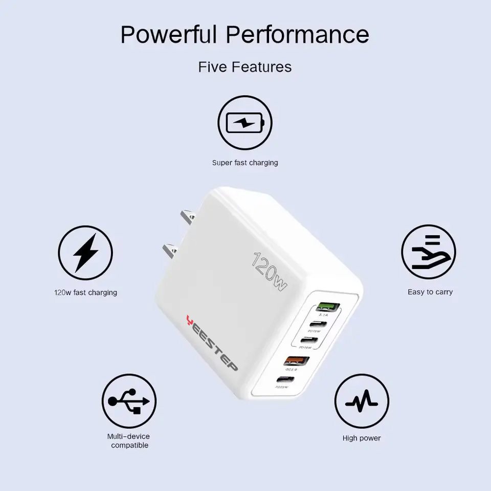 Yeestep E-bike 120W Wall Charger 3USB + 2C Plastic Fast Charging Adapter for Android Phones EU/UK/US