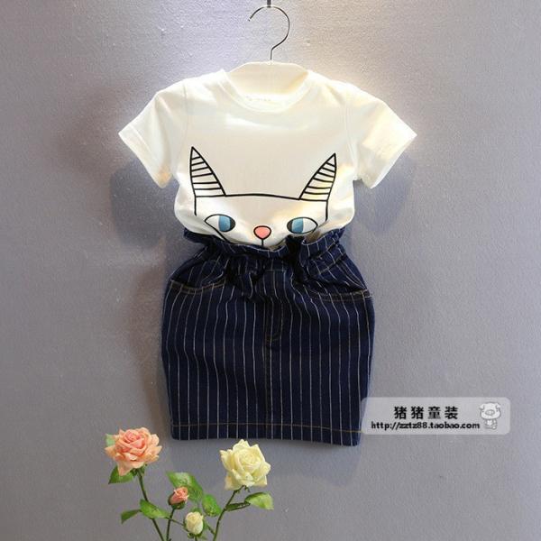 2016 Fashion Kid's Summer White Cat Top+Cute Blue stripe Skirt 2 PCS