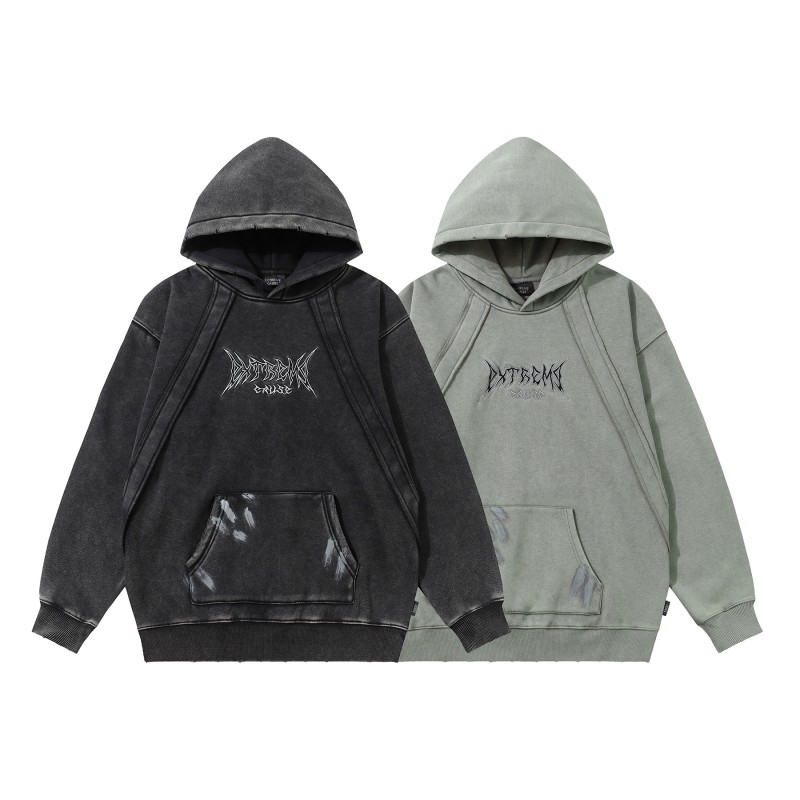 Black Acid Washed Washed Vintage Oversized Unisex Polyester/Cotton Fleece Pullover Hoodie Winter Pocket Windproof Breathable