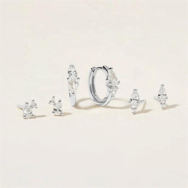 Three Pieces S925 Silver Zircon Earrings Pear Cut Cubic Zirconia Hoop Earrings