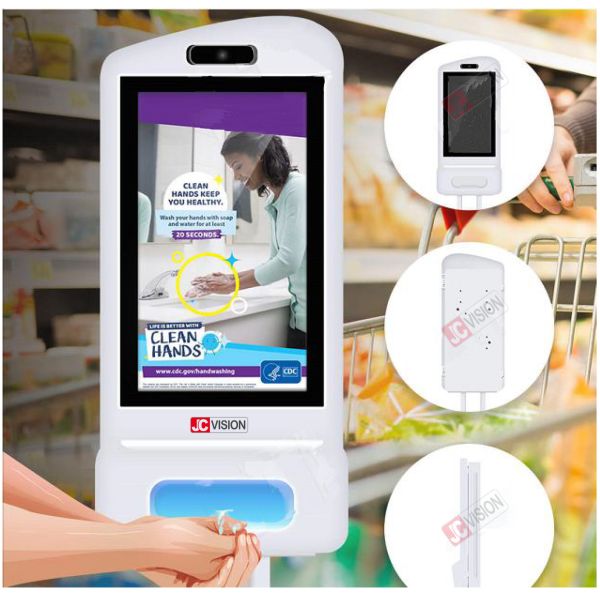 Borne publicitaire avec distributeur de gel hydroalcoolique et lecteur de température à reconnaissance faciale JCVISION